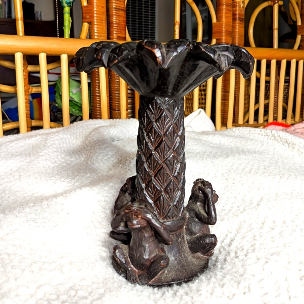 Vintage 7.5” Monkey, See, Hear, Speak, No Evil, Pull Pillar Candle Holder